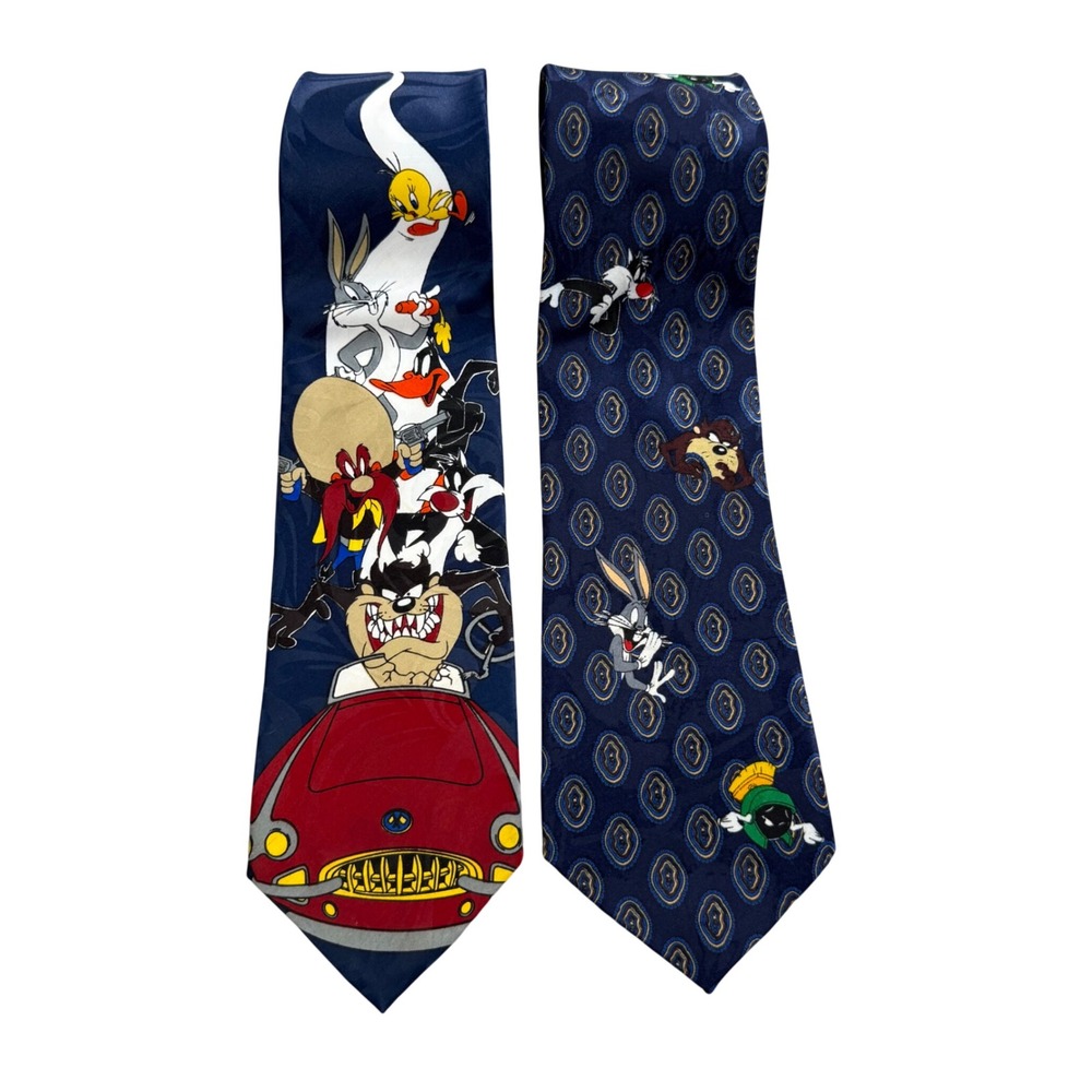 Vintage 90s Looney Tunes Neckties (2) Bugs Bunny Daffy Taz Yosimite Sam Marvin